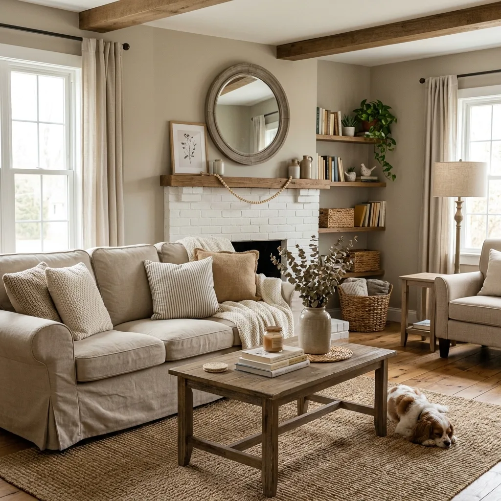 Neutral living room with budget farmhouse decor